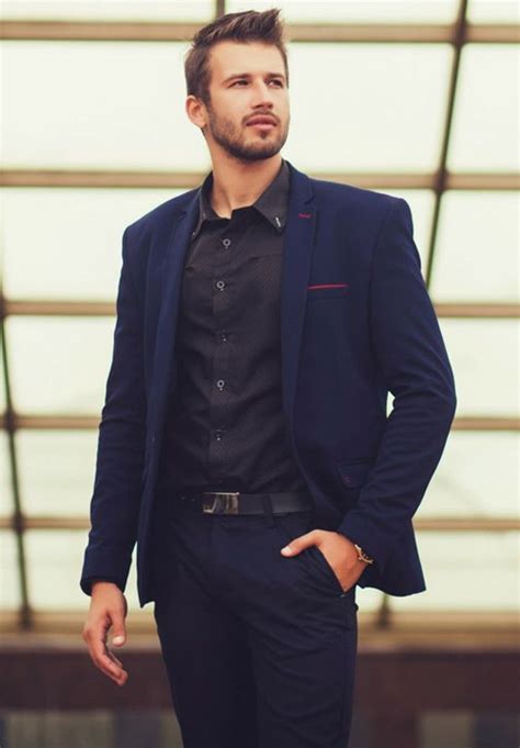 black suit dark blue shirt.